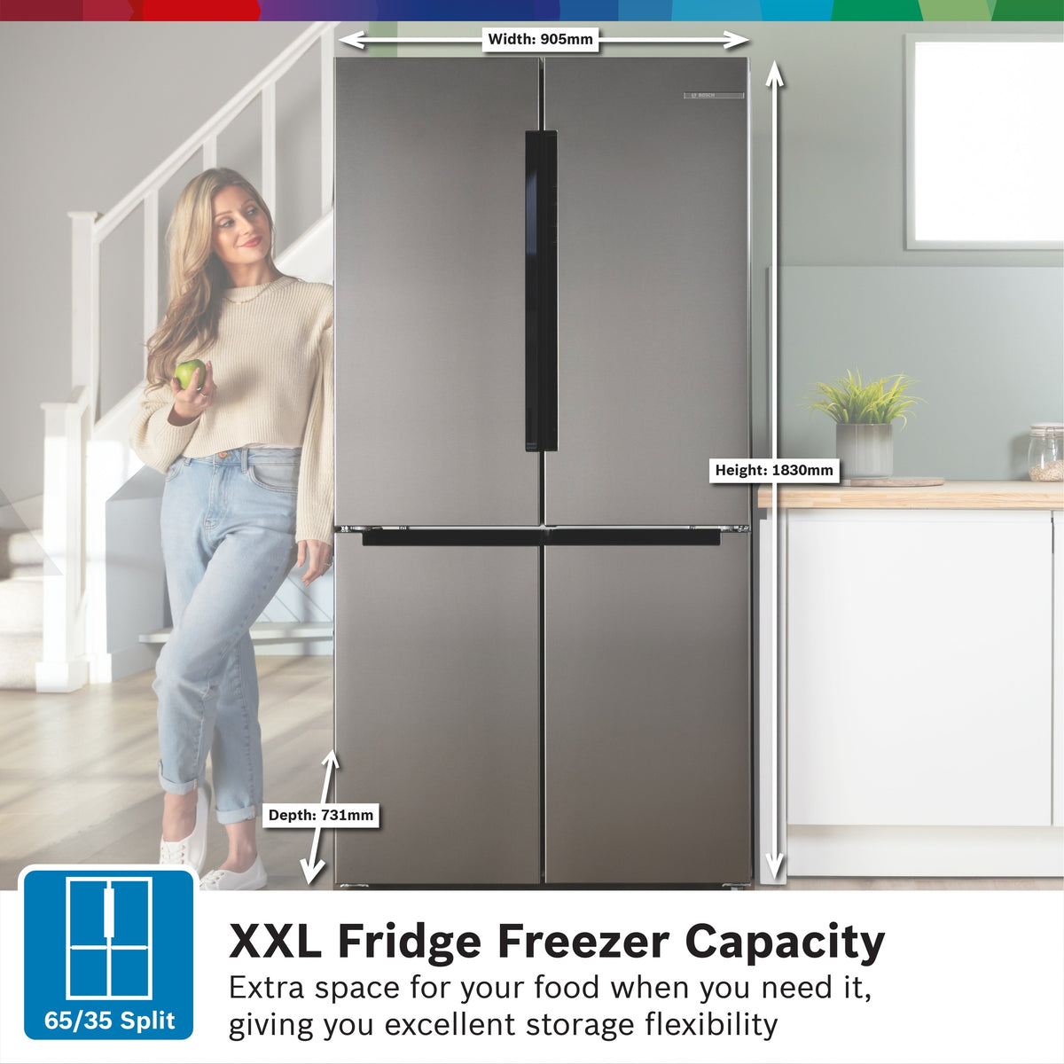 Bosch XXL KFN96VPEAG 4 door fridge freezer in a kitchen with a woman beside it, dimensions marked