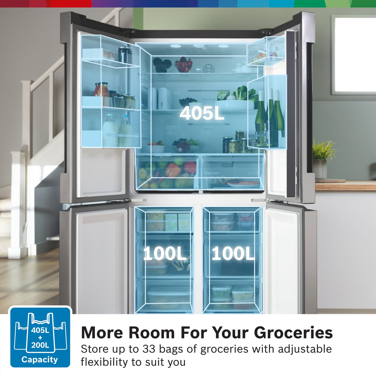 Bosch XXL KFN96VPEAG 4 door fridge freezer capacity diagram showing 405 litres fridge and two 100 litre freezer drawers