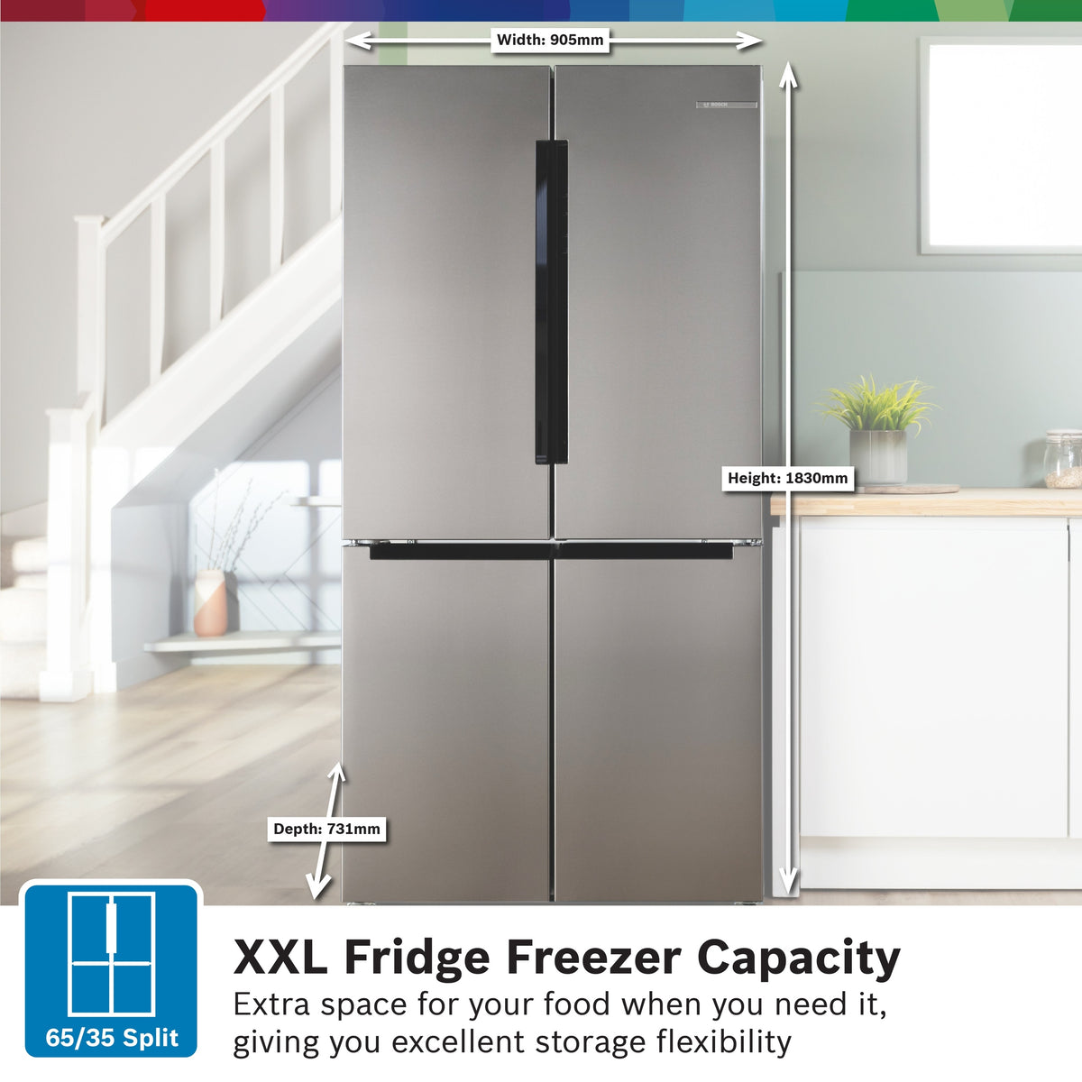 Bosch XXL KFN96VPEAG 4 door fridge freezer in a kitchen with dimensions marked, front view