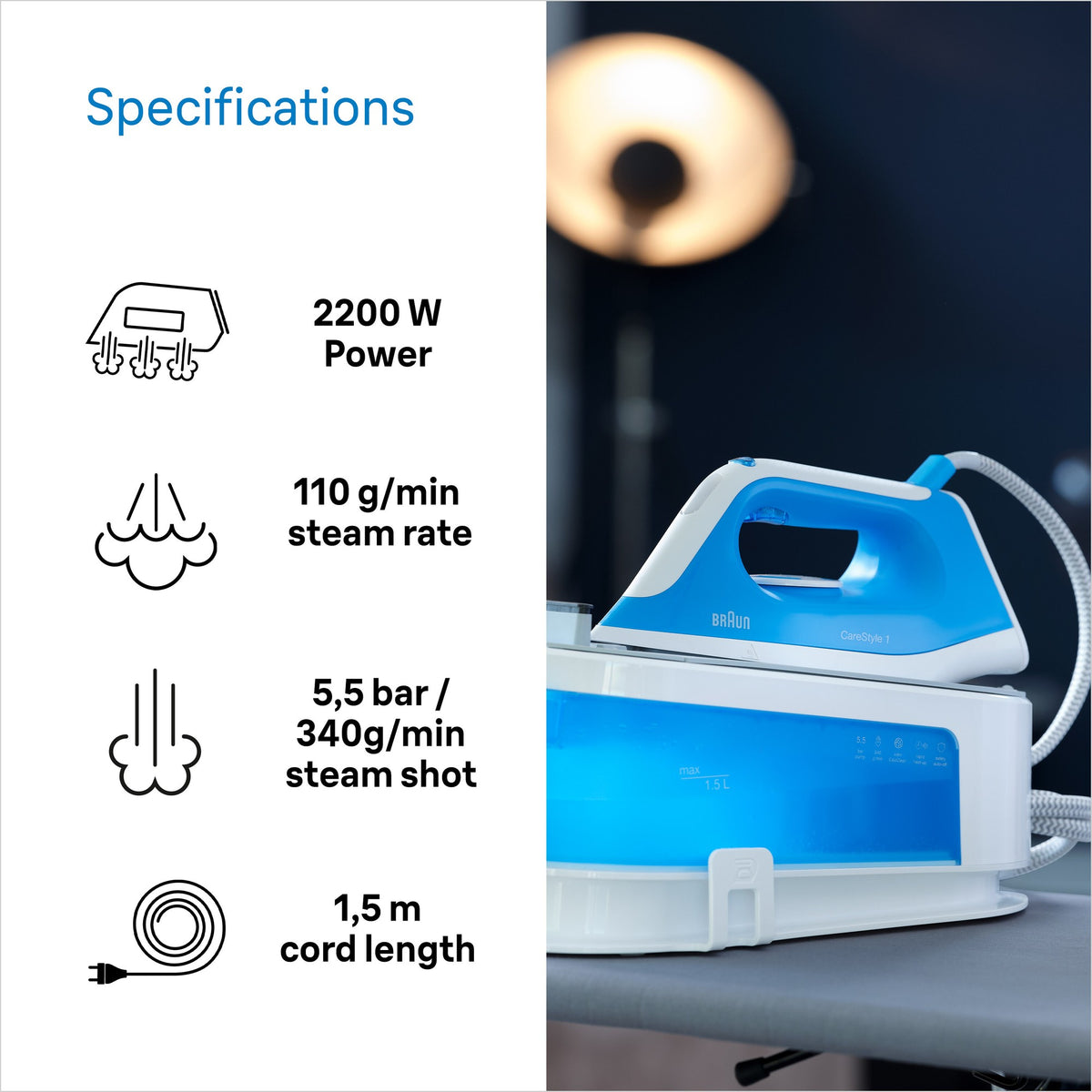 Braun CareStyle 1 Steam Generator Iron - Blue - specifications - 2200W, 340g/min steam shot