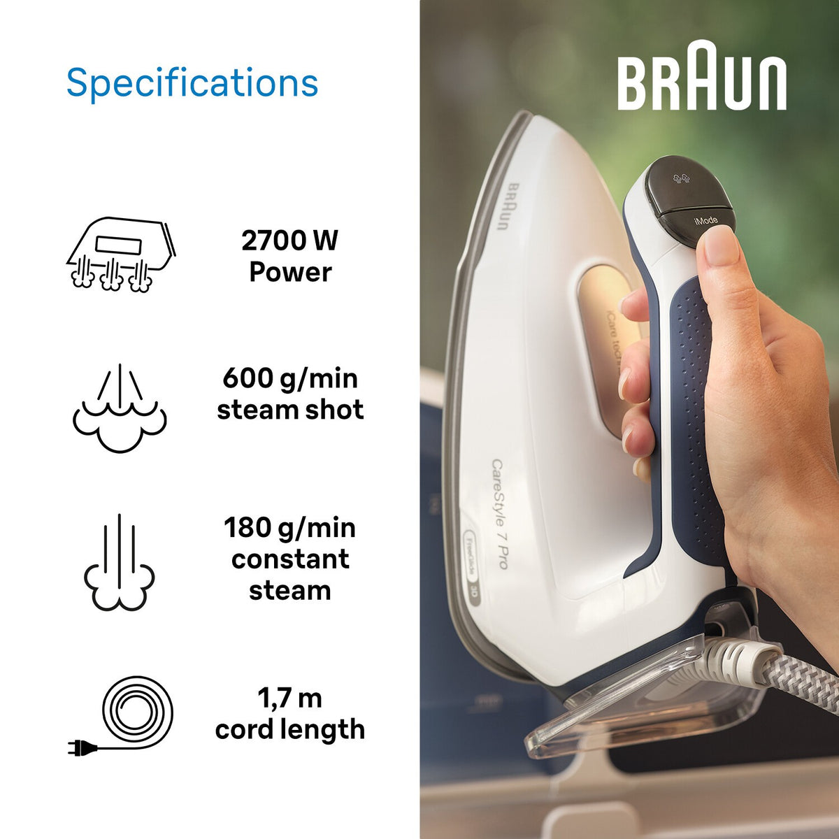 Braun CareStyle 7 Pro Steam Generator Iron - Blue - specifications - 2700W, 600g/min steam shot
