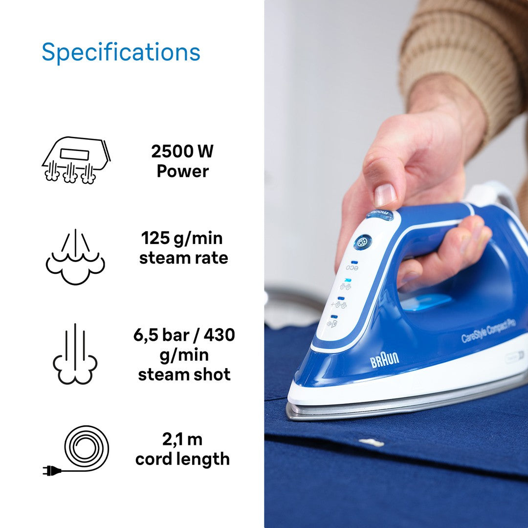 Braun CareStyle Compact Pro Steam Generator Iron - Blue - specifications - 2500W, 430g/min steam shot