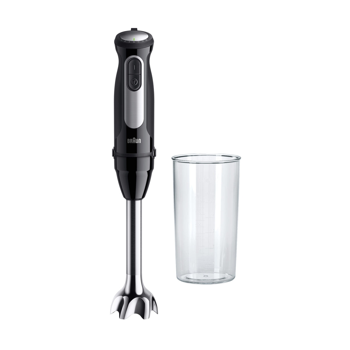 Braun MultiQuick 5 Pro Hand Blender - Black - front view with beaker