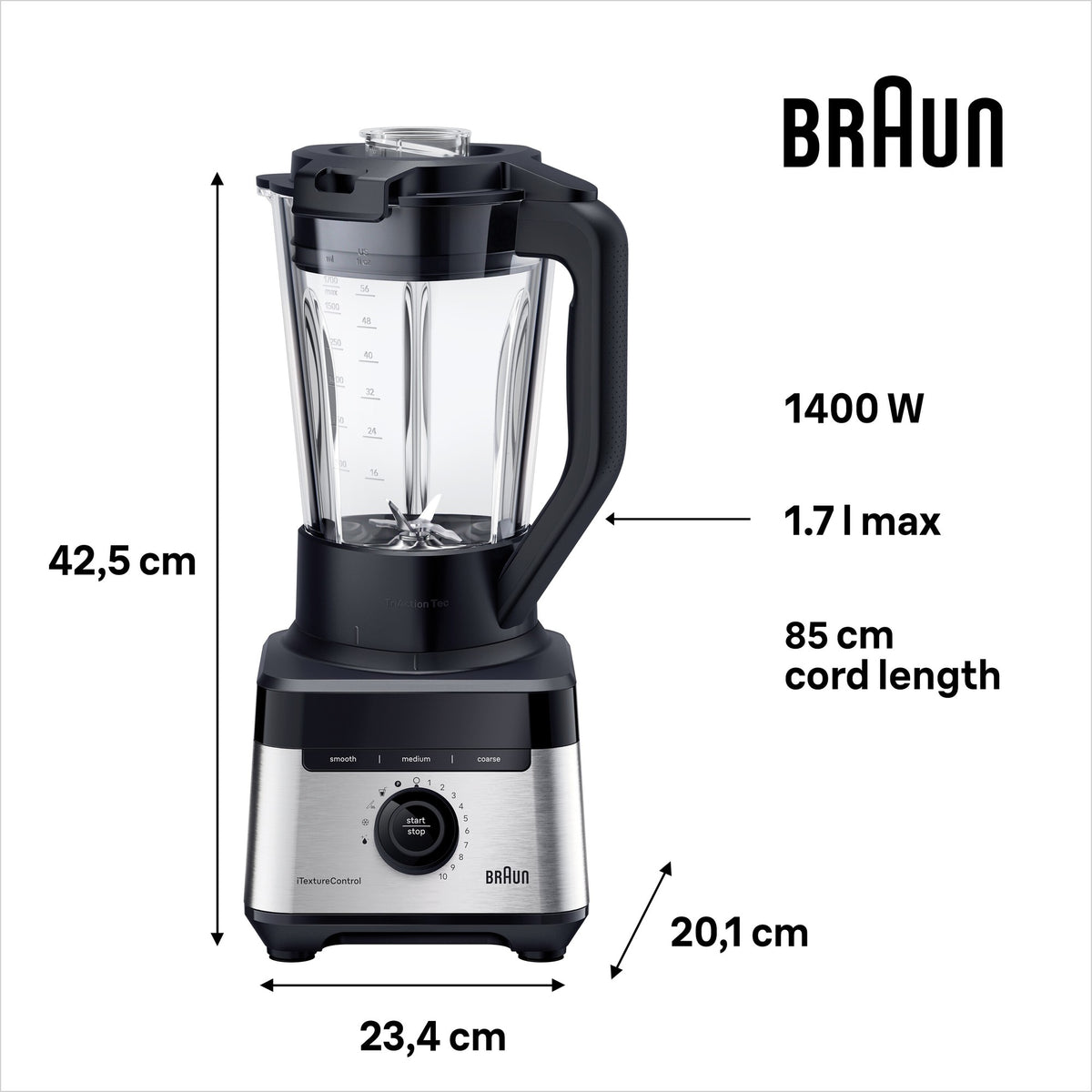 Braun PowerBlend 7 Jug Blender - Black - dimensions - 1400W, 1.7L jug