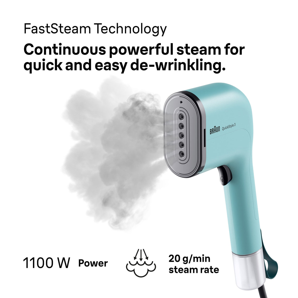 Braun QuickStyle 3 Garment Steamer - Green - FastSteam Technology, 1100W and 20 g/min steam
