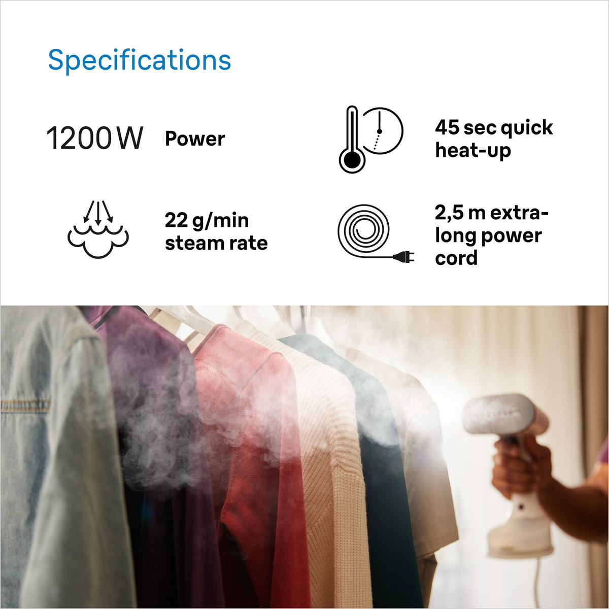 Braun QuickStyle 5 Garment Steamer - White/Purple - specifications - 1200W, 45-second heat-up
