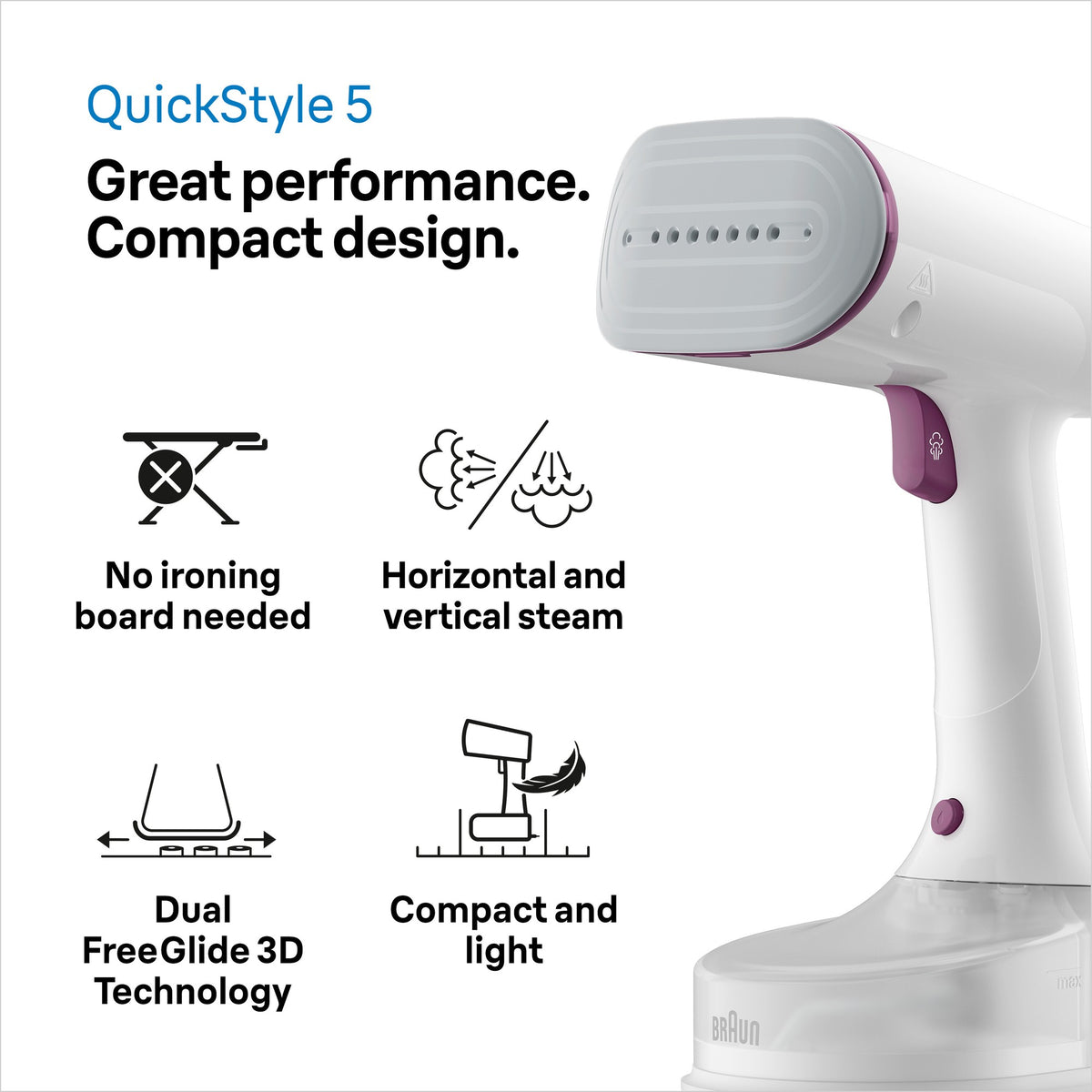 Braun QuickStyle 5 Garment Steamer - White/Purple - key features - compact and light
