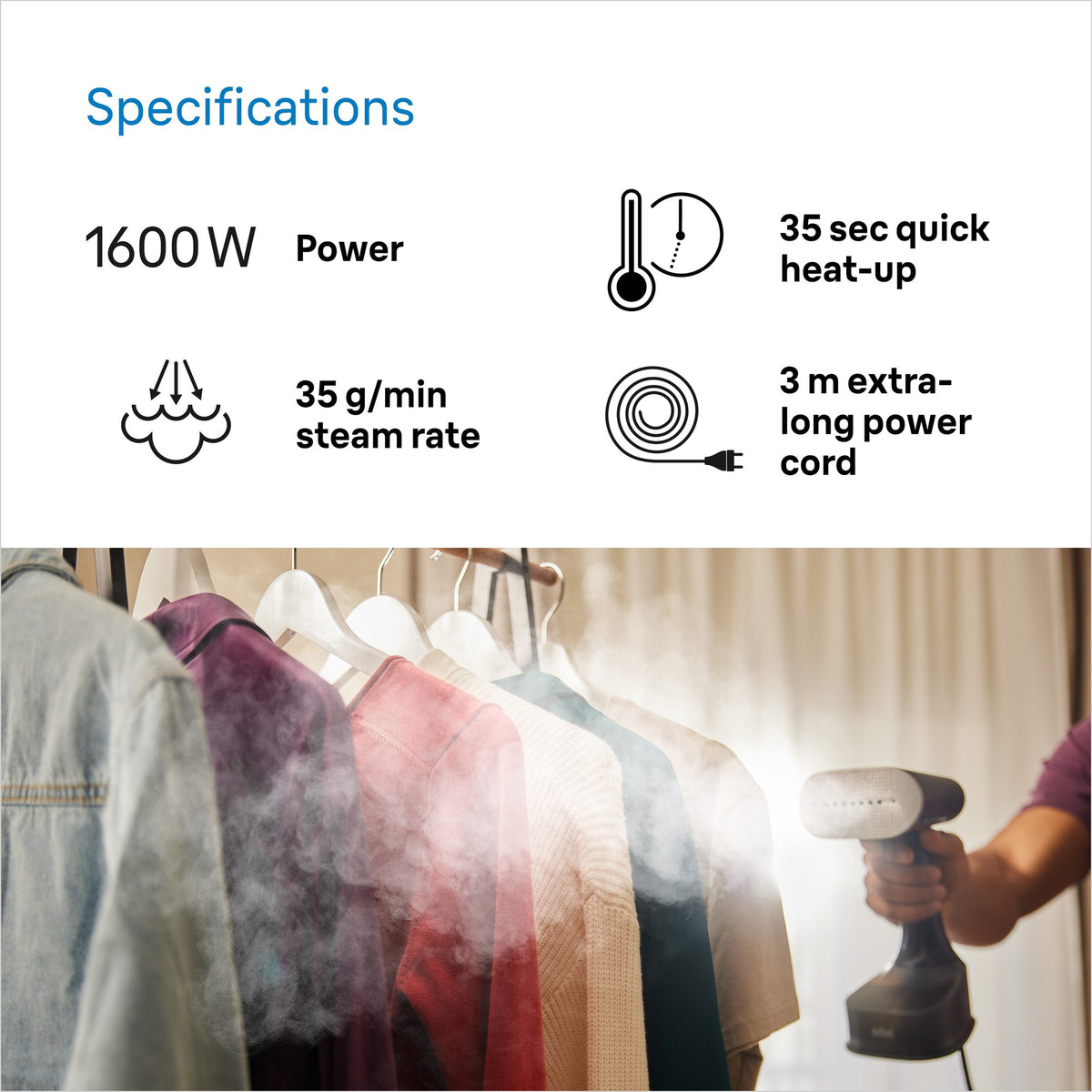 Braun QuickStyle 7 Garment Steamer - Black/Copper - specifications - 1600W, 35-second heat-up