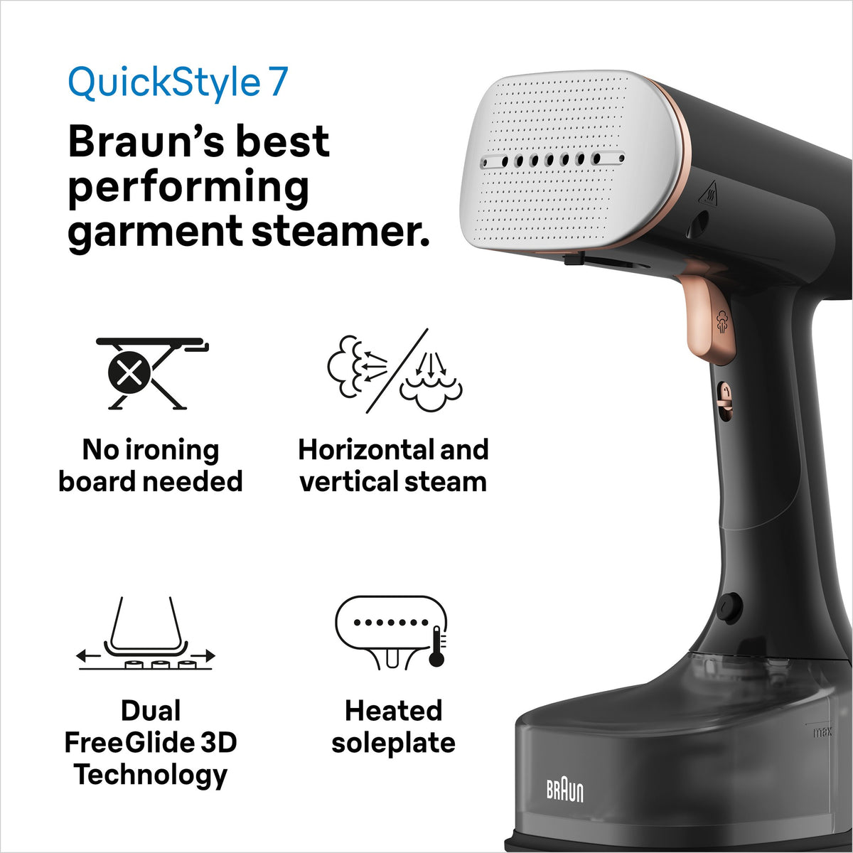 Braun QuickStyle 7 Garment Steamer - Black/Copper - key features - horizontal and vertical steaming