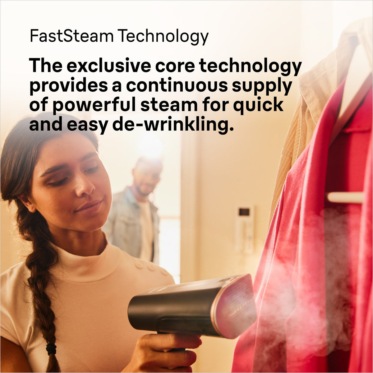 Braun QuickStyle 7 Garment Steamer - Black/Copper - FastSteam de-wrinkling in use