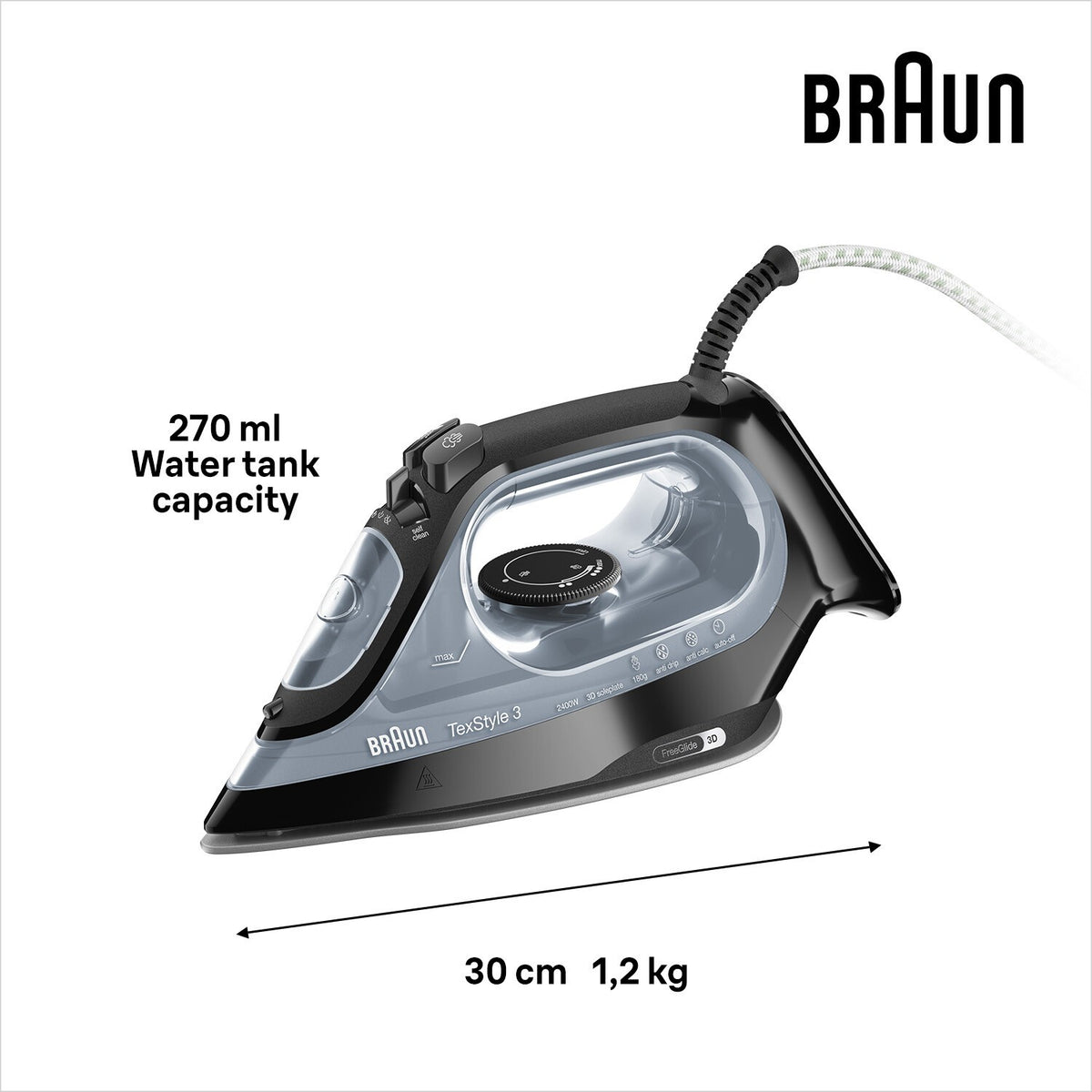 Braun TexStyle 3 Steam Iron - Black - 270ml water tank and dimensions