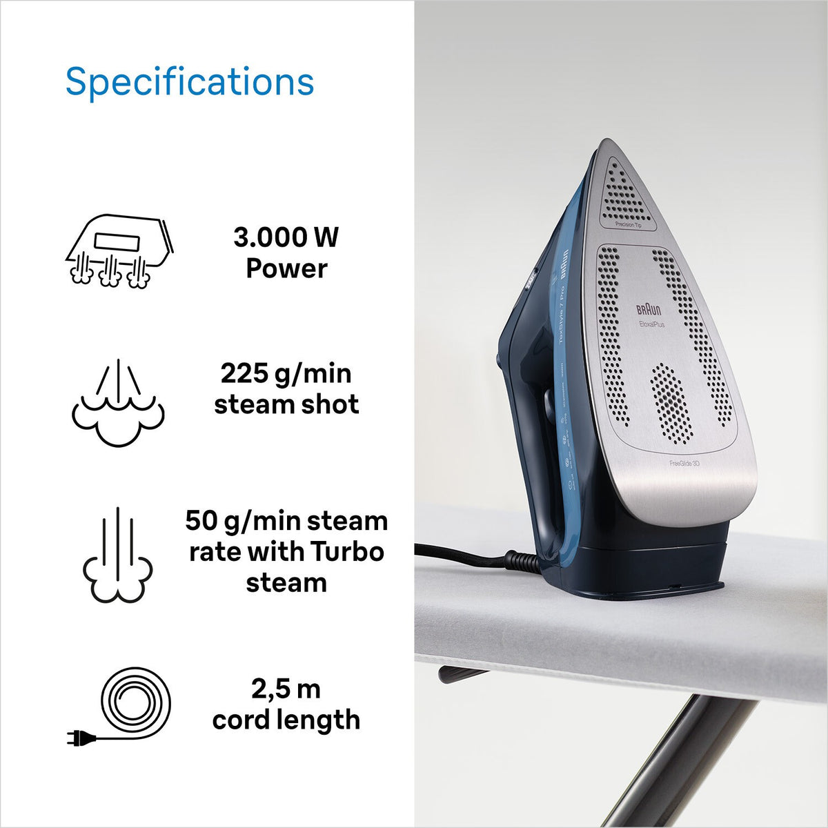 Braun TexStyle 7 Pro Steam Iron - Blue - specifications - 3000W, 225g/min steam shot