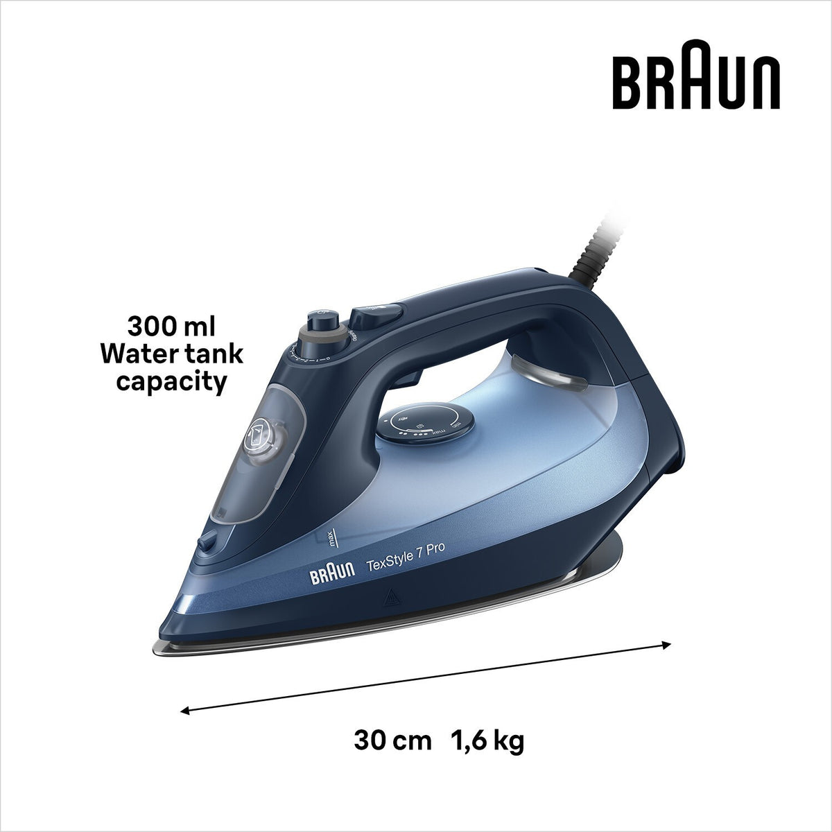 Braun TexStyle 7 Pro Steam Iron - Blue - 300ml water tank and dimensions
