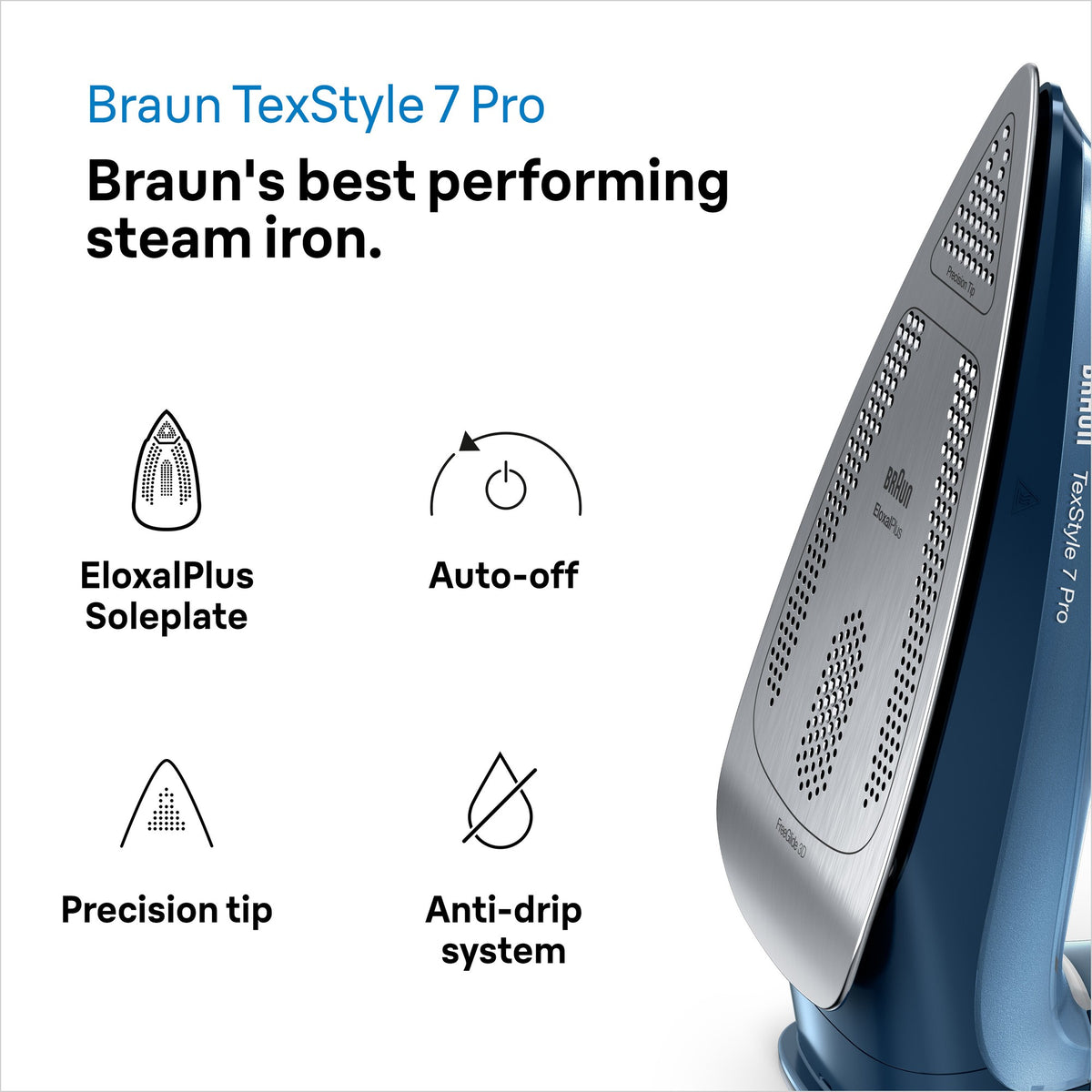 Braun TexStyle 7 Pro Steam Iron - Blue - EloxalPlus soleplate, auto-off and anti-drip