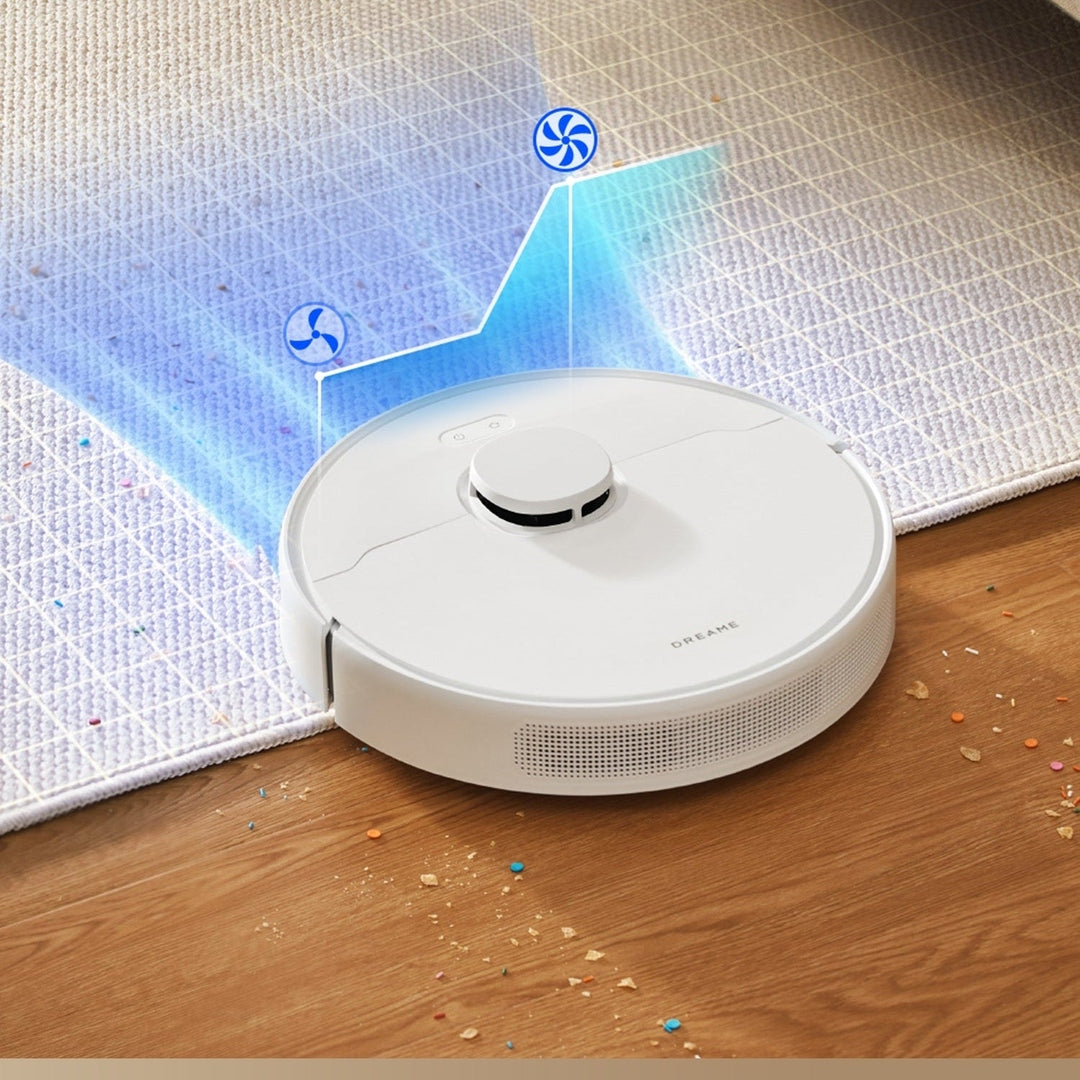 Dreame D10 Plus Gen 2 RLD32GD robot vacuum picking up debris from a rug, graphic