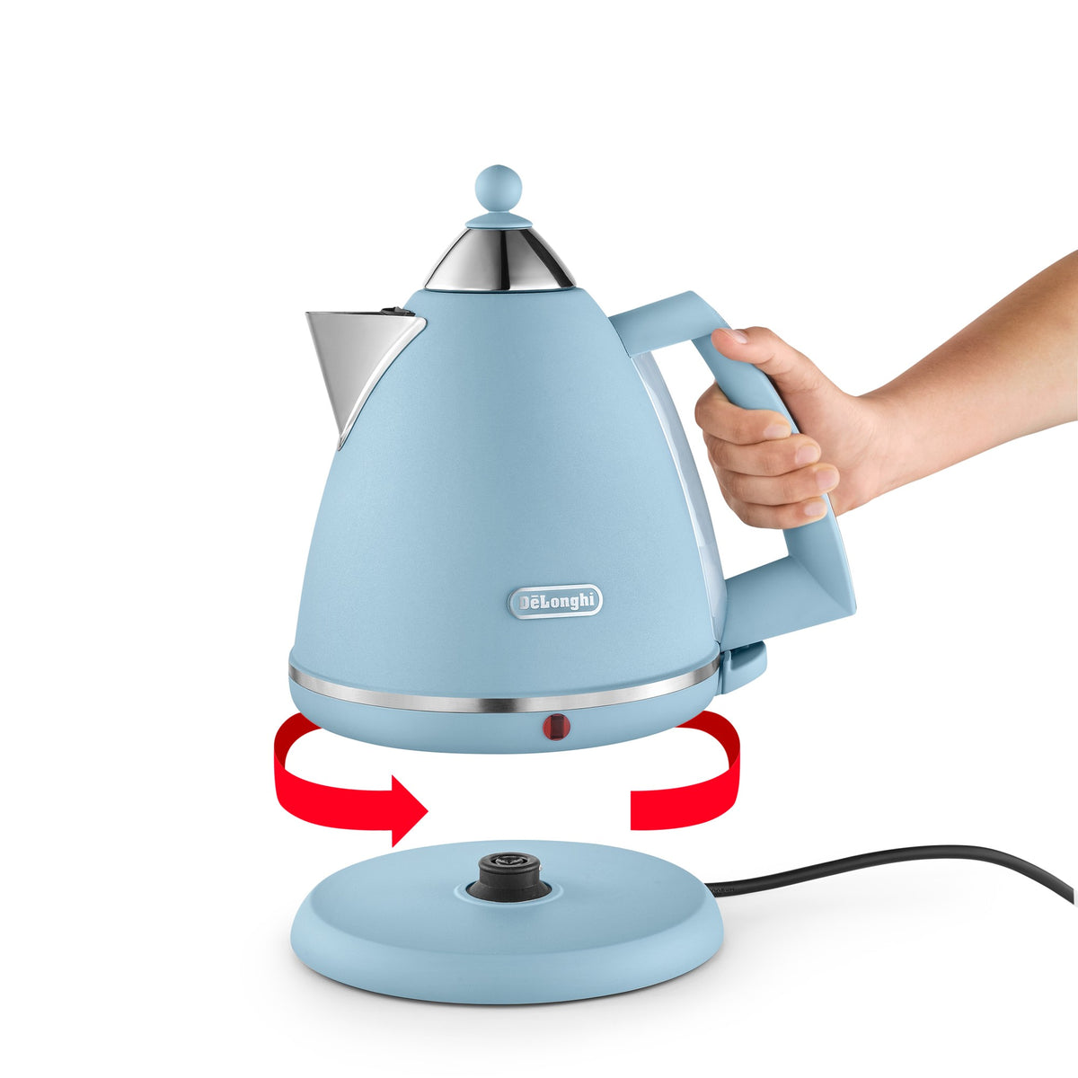 De'Longhi Argento Flora Kettle - Blue - lifting off the 360-degree swivel base