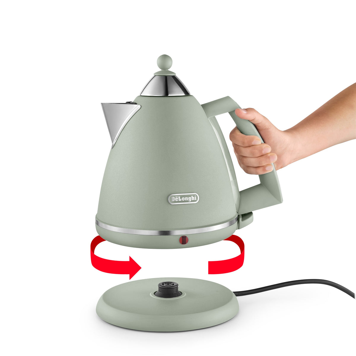 De'Longhi Argento Flora Kettle - Green - lifting off the 360-degree swivel base