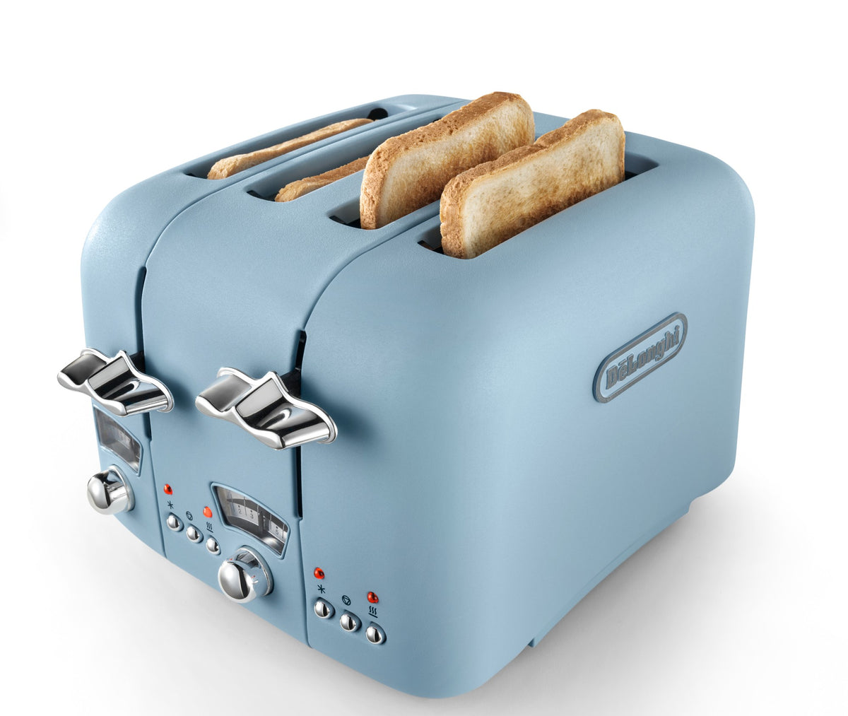 De'Longhi Argento Flora 4-Slice Toaster - Blue - angled view with toast in the slots