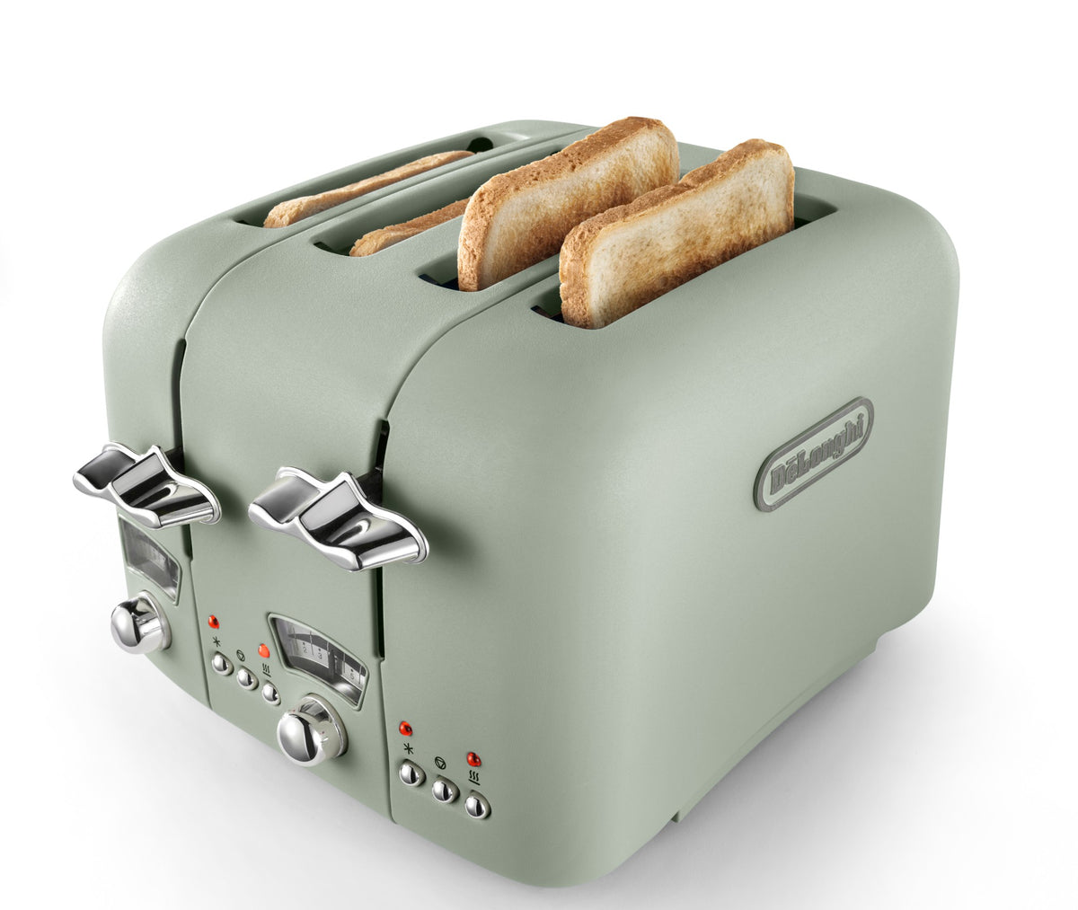 De'Longhi Argento Flora 4 Slice Toaster - Green - angled view with toast in the slots