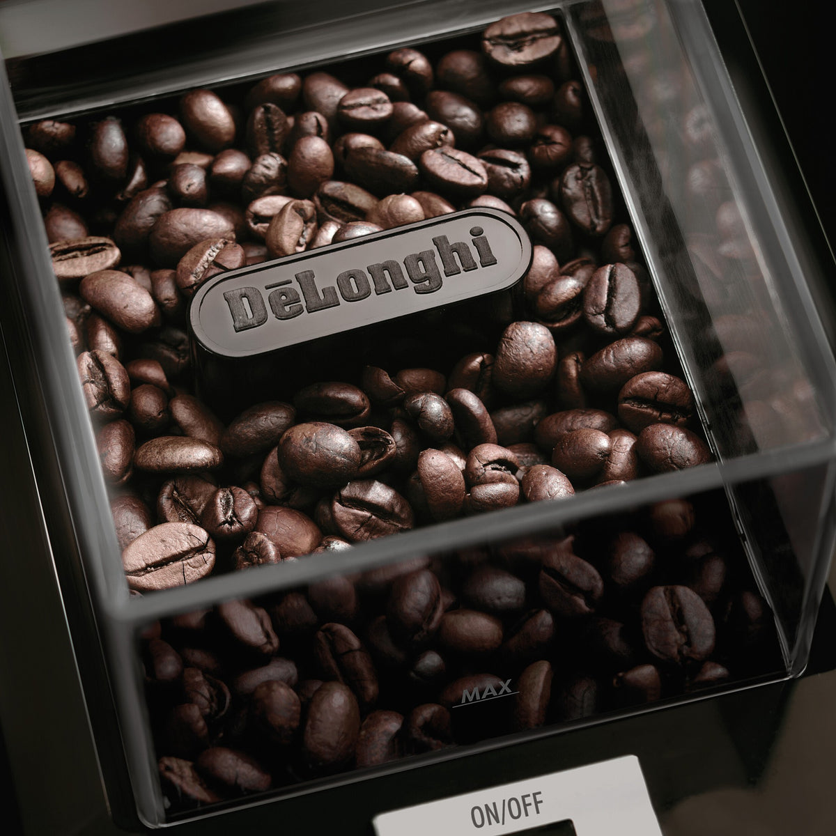 De'Longhi Burr Grinder - Black - bean hopper close-up