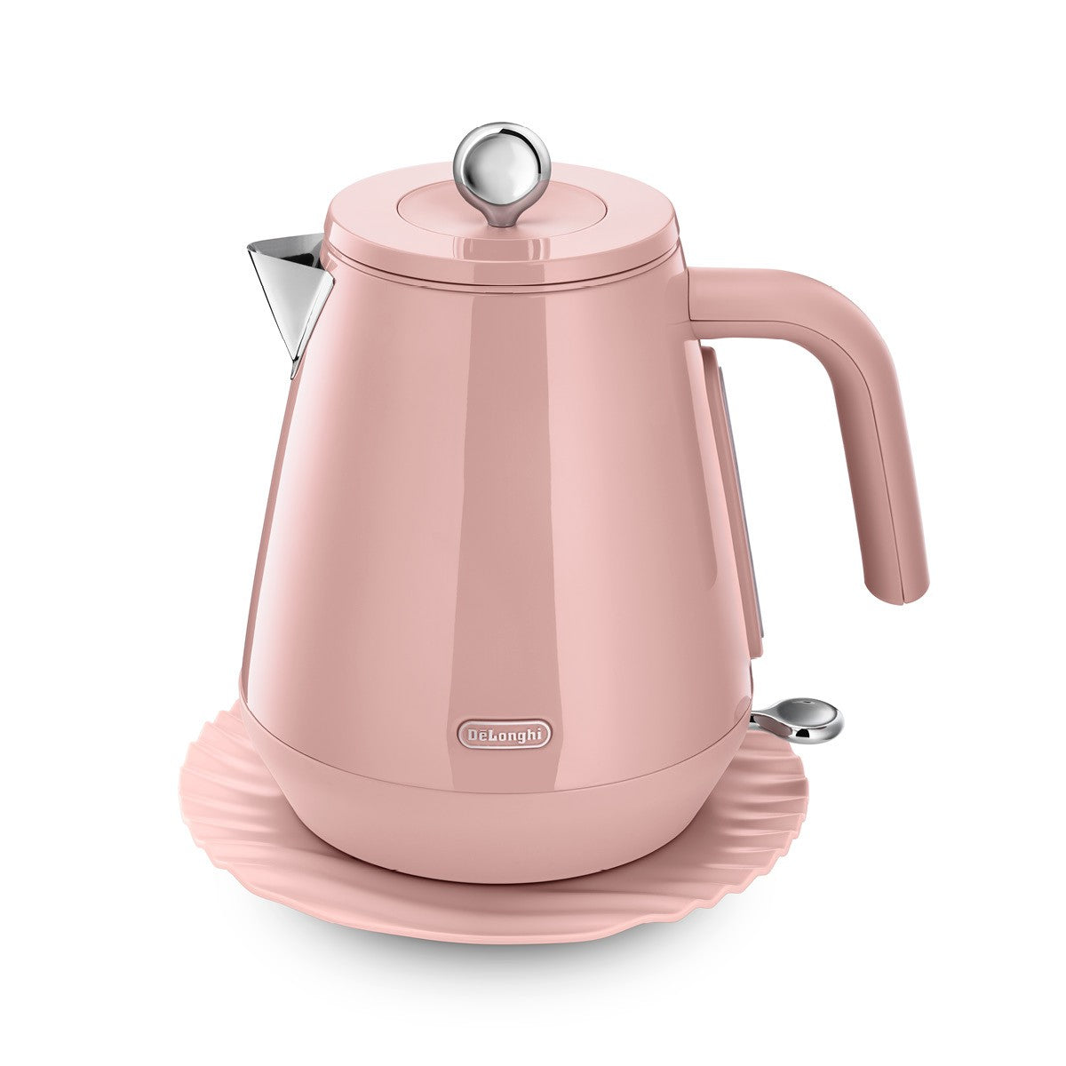 De'Longhi Eclettica Kettle - Pink - front view on its saucer
