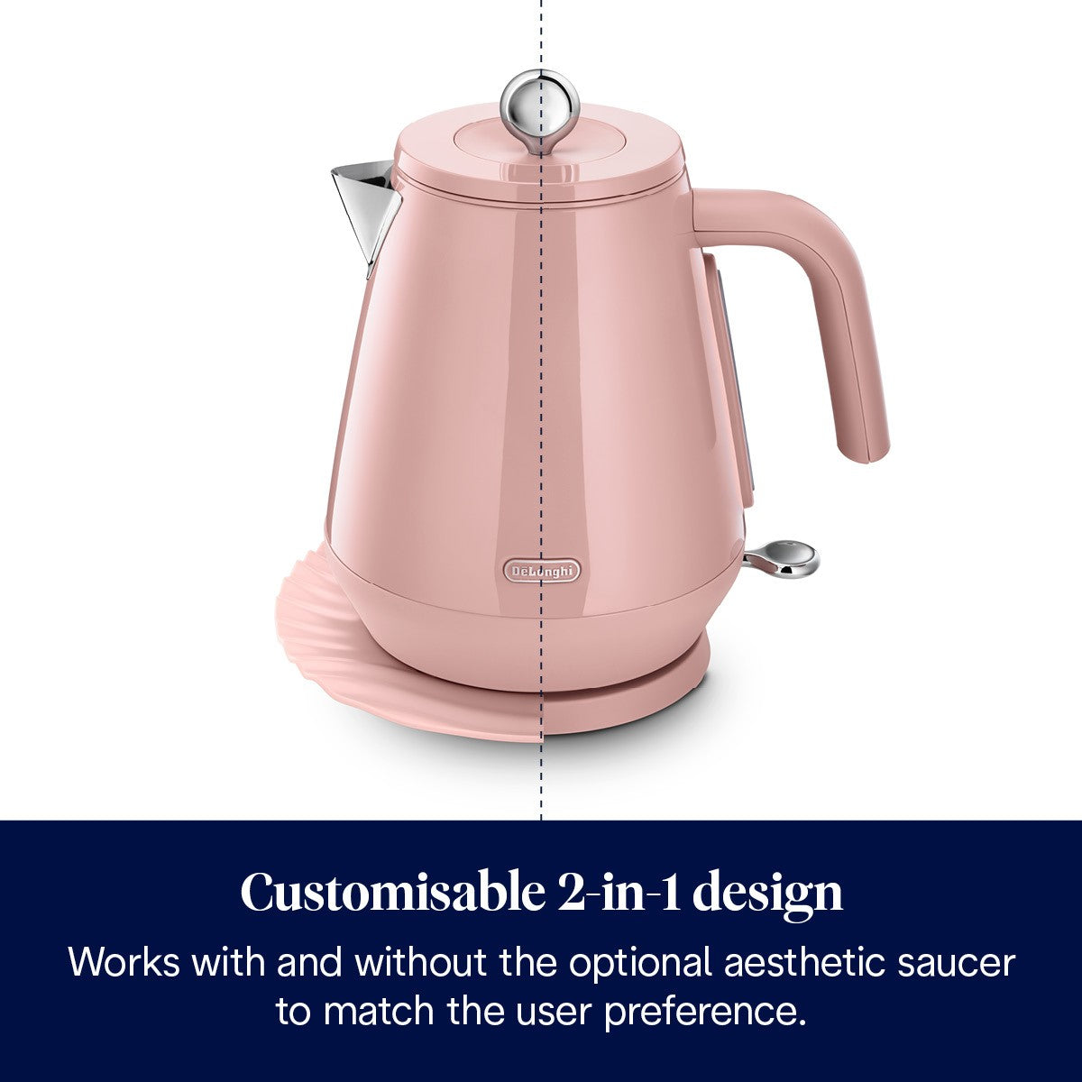 De'Longhi Eclettica Kettle - Pink - 2-in-1 design with or without the saucer