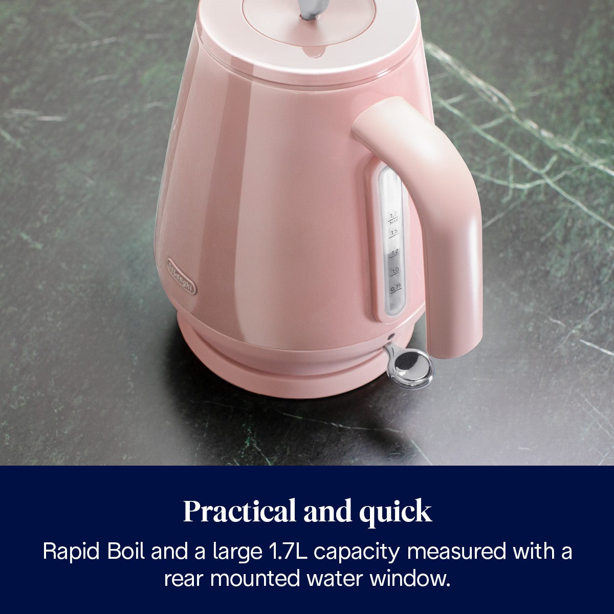 De'Longhi Eclettica Kettle - Pink - 1.7L capacity with rear water window