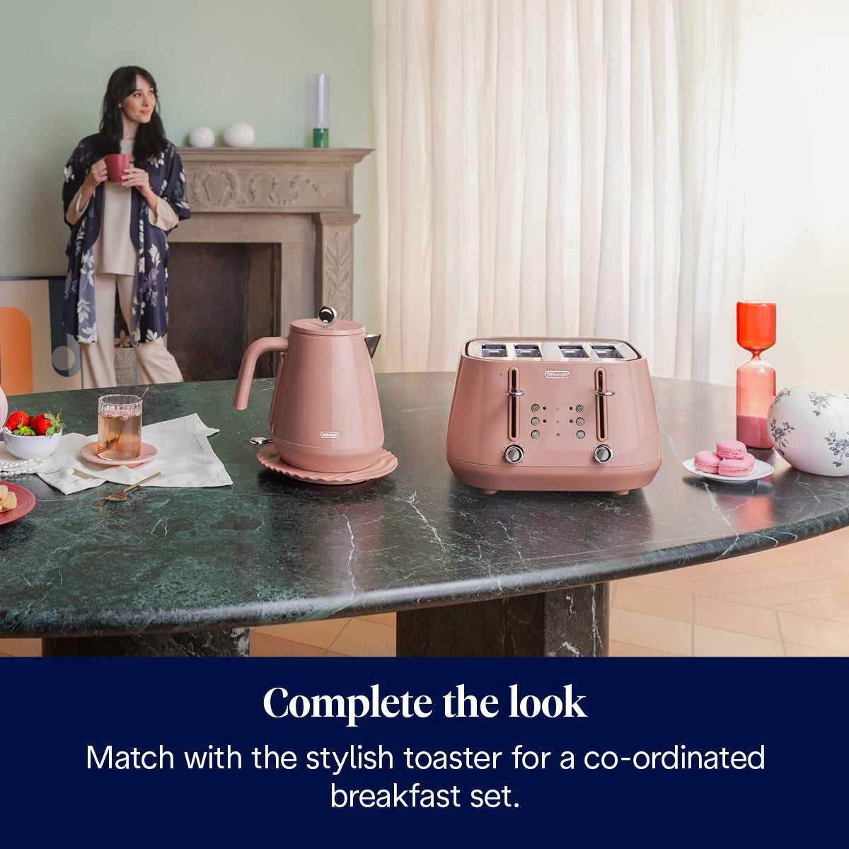 De'Longhi Eclettica Kettle - Pink - with the matching toaster at breakfast