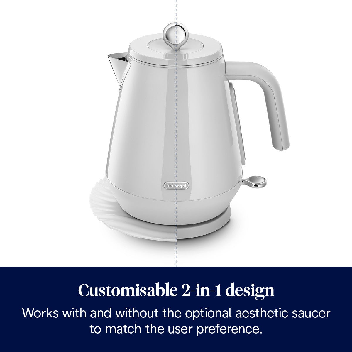 De'Longhi Eclettica Kettle - White - 2-in-1 design with or without the saucer