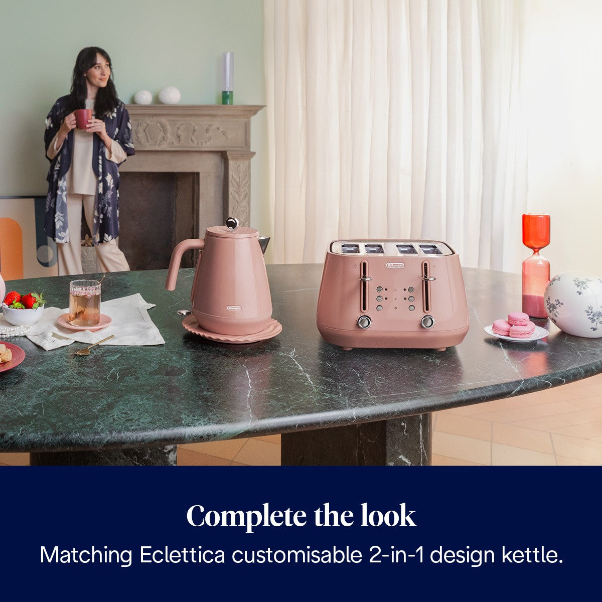De'Longhi Eclettica 4-Slice Toaster - Pink - with the matching kettle at breakfast