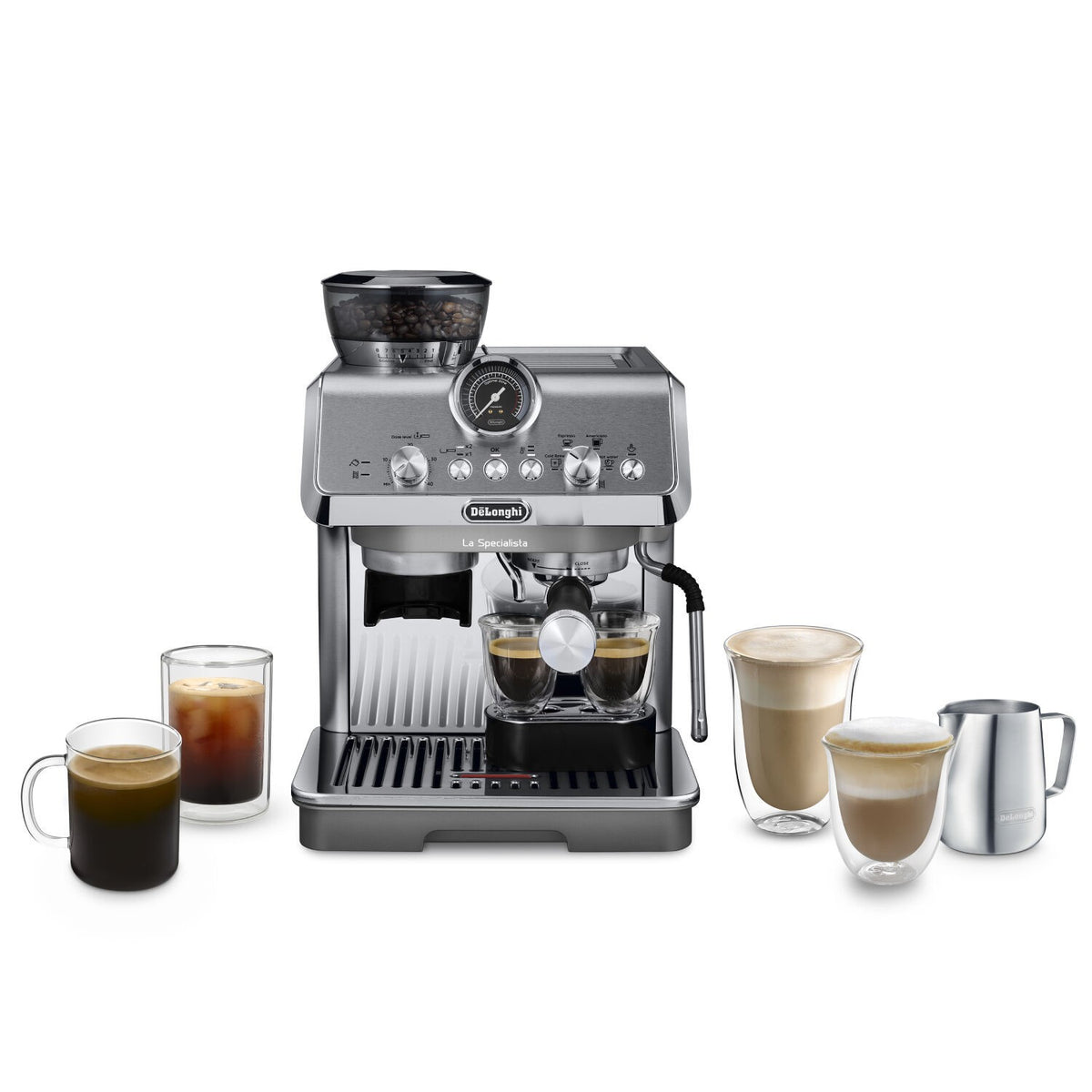 De'Longhi La Specialista Arte Evo - Stainless Steel - front view with espresso and cappuccino