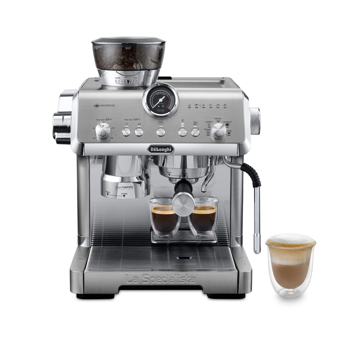 De'Longhi La Specialista Opera - Stainless Steel - front view with cappuccino