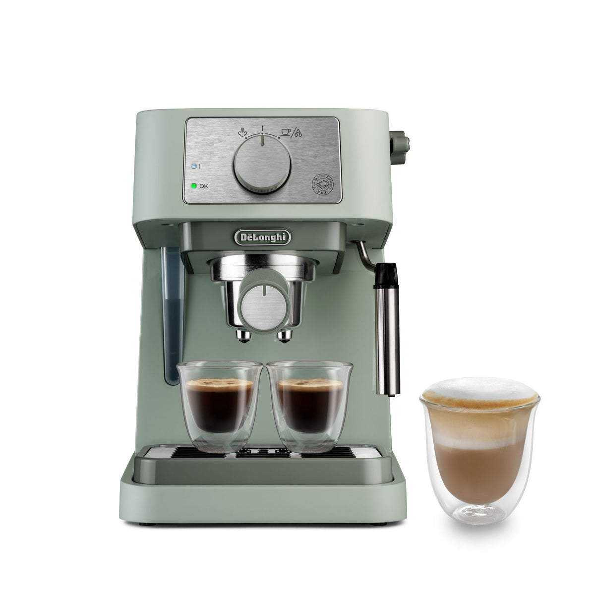 De'Longhi Stilosa Espresso Maker - Green - front view with two espressos and a cappuccino