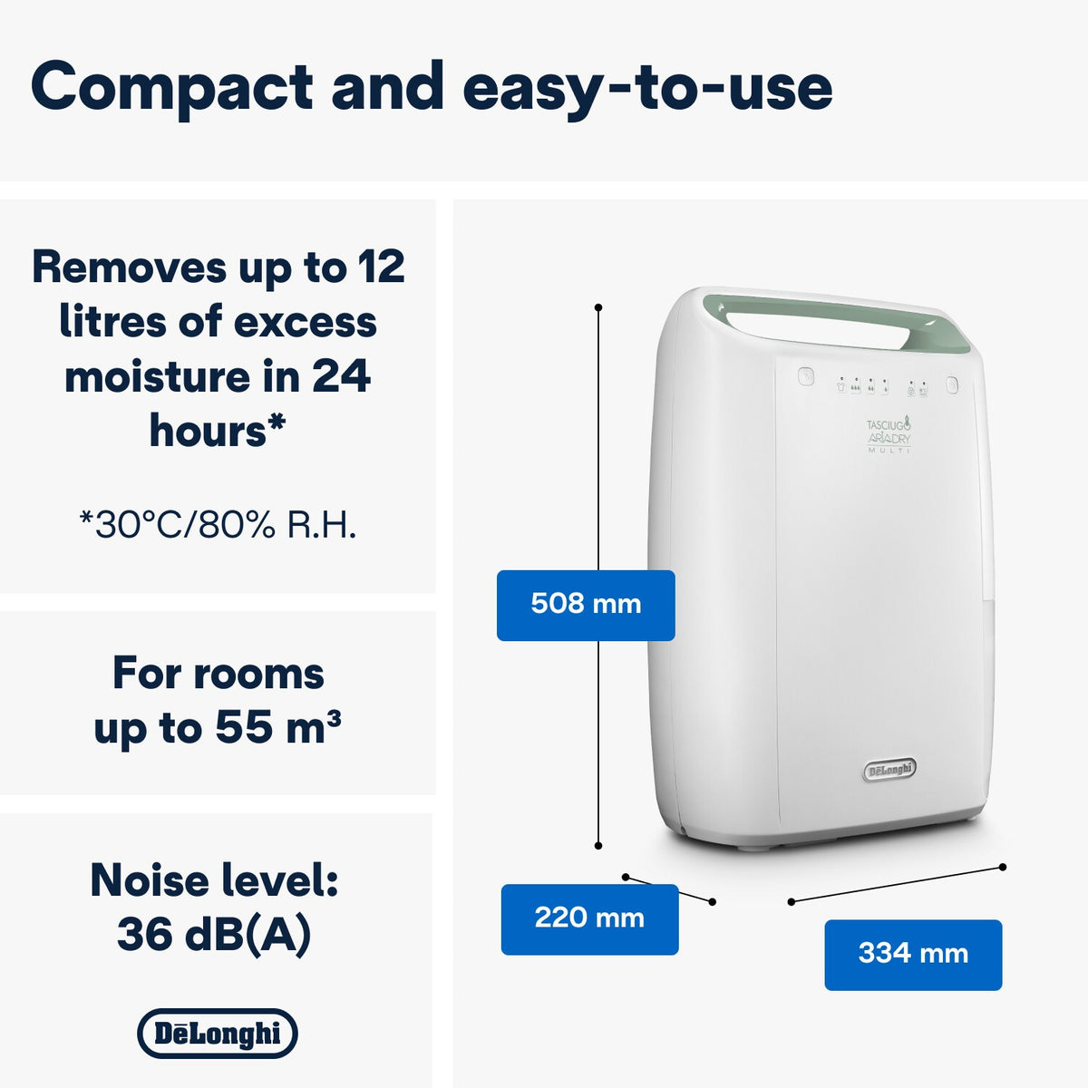 De'Longhi Tasciugo AriaDry Multi Dehumidifier 12L/day - White - compact design, up to 12 litres a day, with dimensions