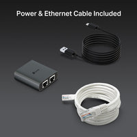 TP-Link EH210 1 to 2 Gigabit Ethernet Splitter — product with included USB and Ethernet cables laid out