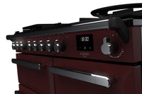 Rangemaster Estel Deluxe 100 Dual Fuel range cooker in Bordeaux with Chrome trim