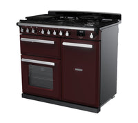 Rangemaster Estel Deluxe 100 Dual Fuel range cooker in Bordeaux with Chrome trim