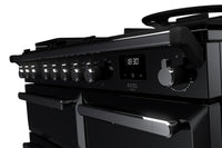 Rangemaster Estel Deluxe 100 Dual Fuel range cooker in Gloss Black with Chrome trim