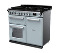 Rangemaster Estel Deluxe 100 Dual Fuel range cooker in Misty Blue with Chrome trim