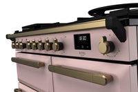 Rangemaster Estel Deluxe 100 Dual Fuel range cooker in Pale Pink with Antique Brass trim