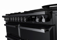 Rangemaster Estel Deluxe 110 Dual Fuel range cooker in Gloss Black with Chrome trim