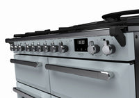 Rangemaster Estel Deluxe 110 Dual Fuel range cooker in Misty Blue with Chrome trim