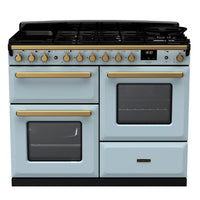 Rangemaster Estel Deluxe 110 Dual Fuel range cooker in Misty Blue with Antique Brass trim