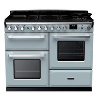 Rangemaster Estel Deluxe 110 Dual Fuel range cooker in Misty Blue with Chrome trim