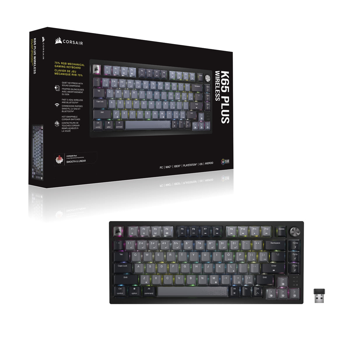 Corsair K65 Plus Wireless 75% RGB Mechanical Gaming Keyboard, UK Layout - Midnight Grey - with retail box and USB receiver