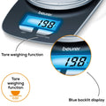Beurer KS 25 Kitchen Scale detail, tare weighing function and blue backlit display