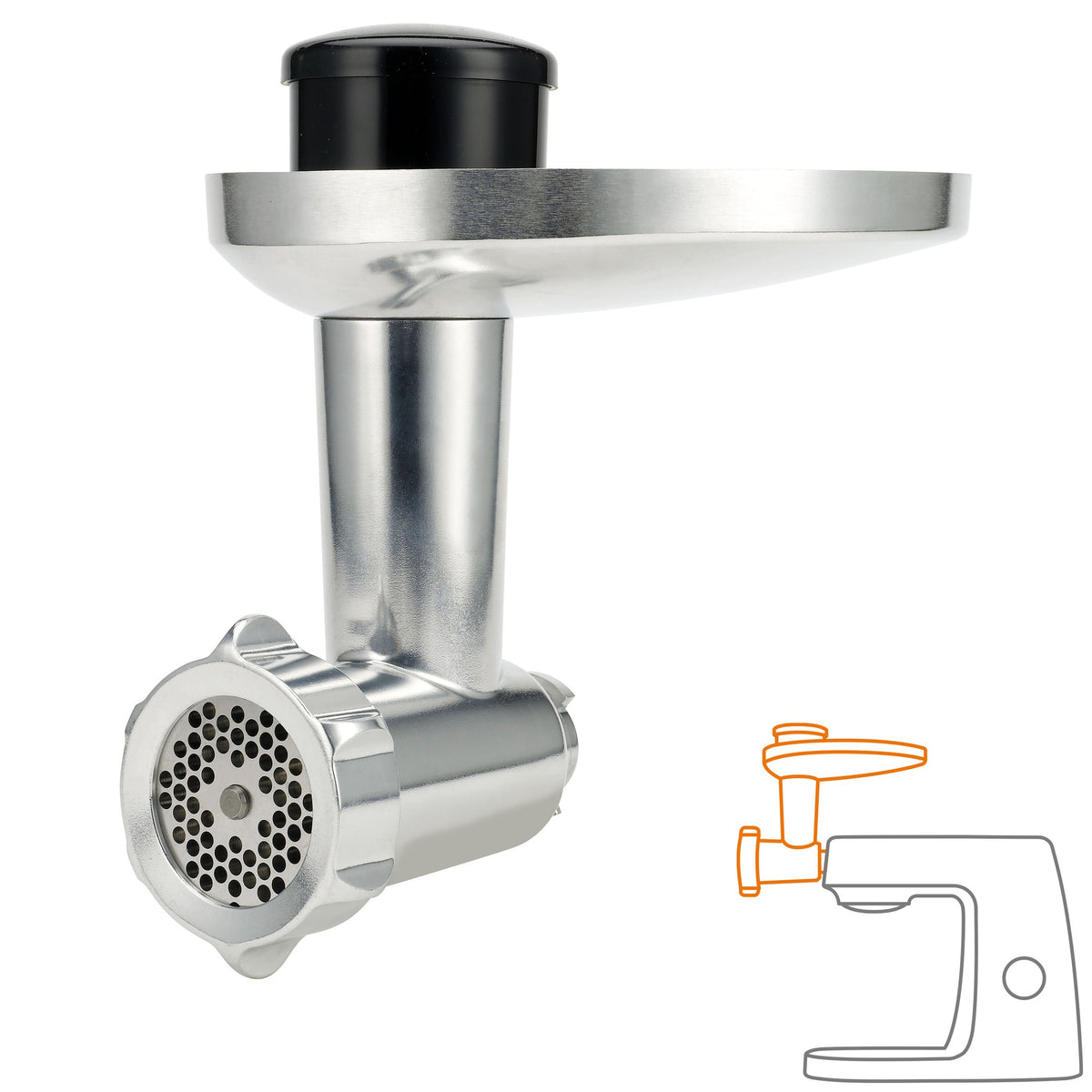 Kenwood Chef Food Mincer Attachment - Silver - front view with compatibility diagram