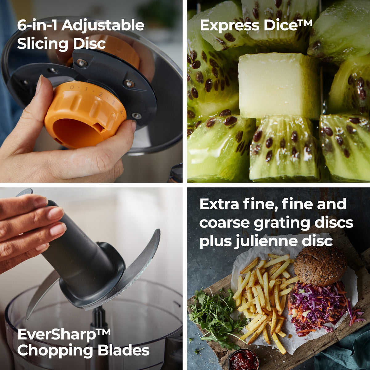 Kenwood Chef/kMix Food Processor Attachment - Clear - adjustable slicing disc, Express Dice, blades and grating discs