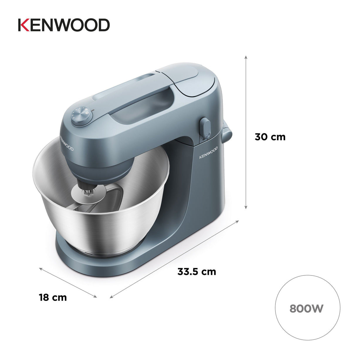 Kenwood Go Stand Mixer - Storm Blue - dimensions and 800W motor