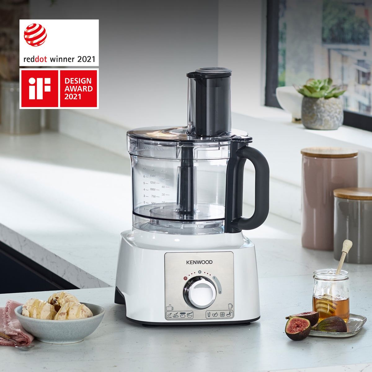 Kenwood Multipro Express Food Processor - White - on the worktop with Red Dot and iF design awards